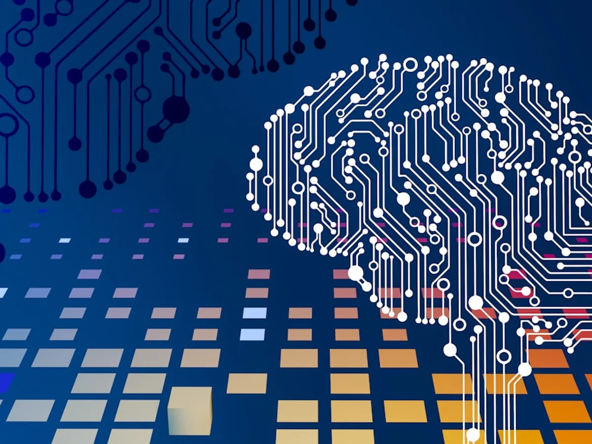 White circuit-board illustration of a human brain over a digital data grid, representing GiveTurn's AI-powered business transformation service