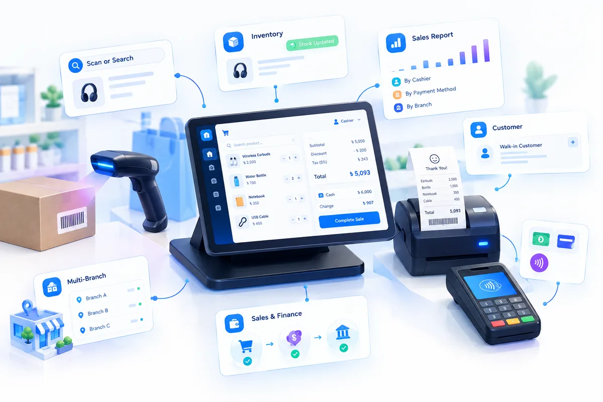 3D illustration of a POS touchscreen register with a barcode scanner, receipt printer, and card terminal, connected to labeled panels for scan or search, inventory stock updates, sales reports by cashier, payment method & branch, customer attachment, multi-branch registers, and sales & finance sync — representing SigmaTurn's POS module