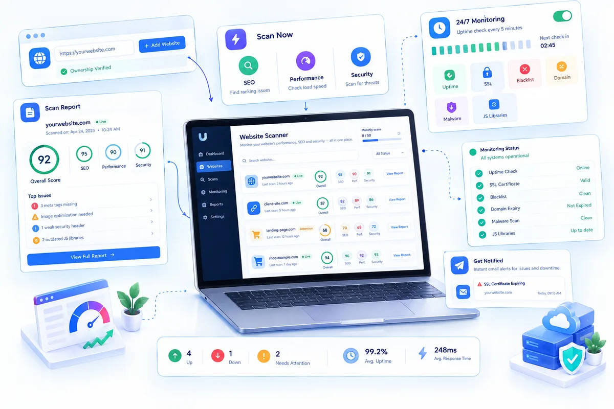 Illustration of a laptop running the Website Scanner dashboard with overall, SEO, performance, and security scores per site, connected to labeled panels for add website & ownership check, Scan Now, scan report & top issues, 24/7 uptime monitoring, SSL, blacklist, domain, malware & JS library status, and email alerts — representing SigmaTurn's Website Scanner module