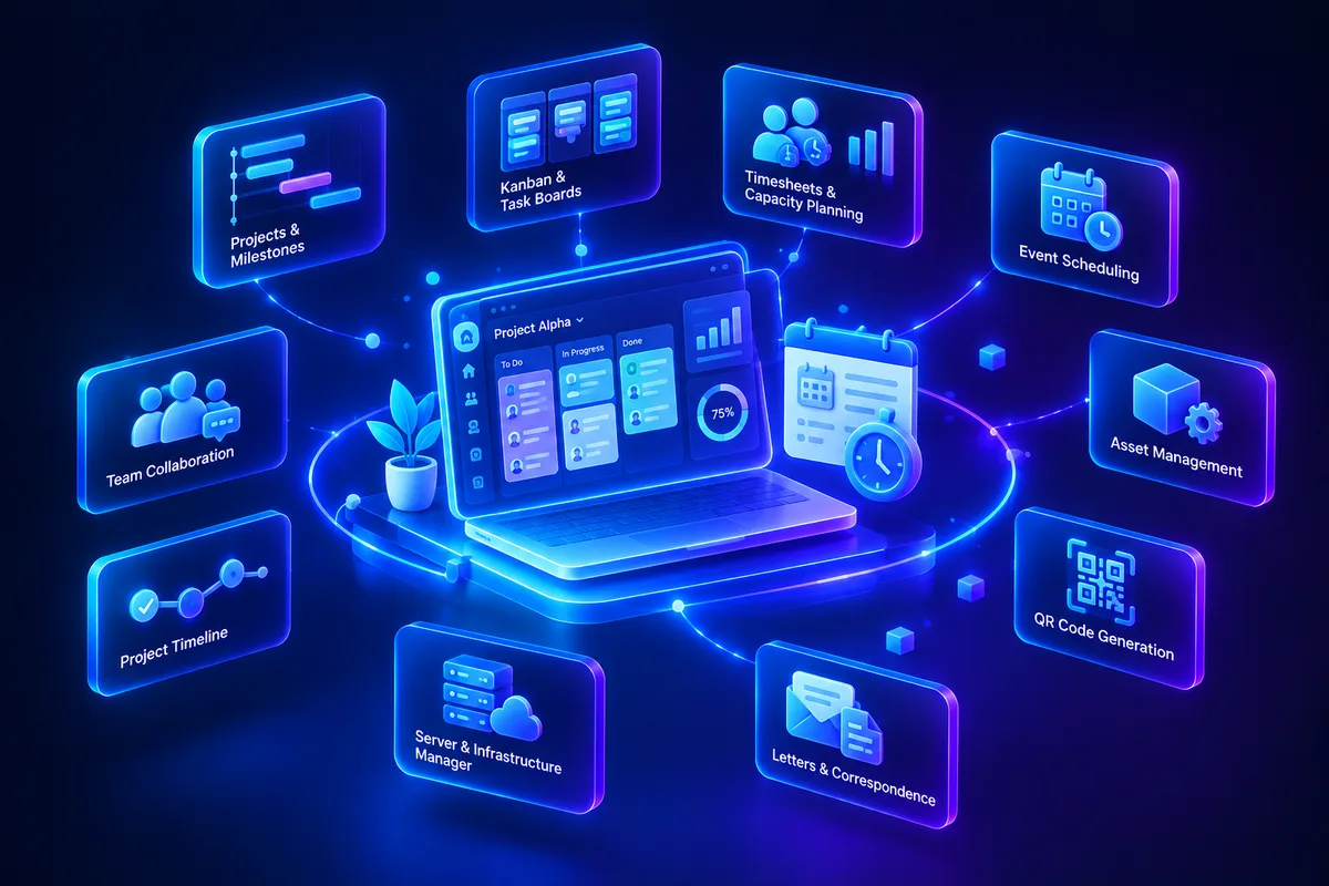 Glowing blue 3D illustration of a laptop showing a kanban project board connected to labeled feature panels — projects & milestones, timesheets & capacity planning, event scheduling, asset management, QR code generation, and server & infrastructure manager — representing SigmaTurn's Work & Projects module