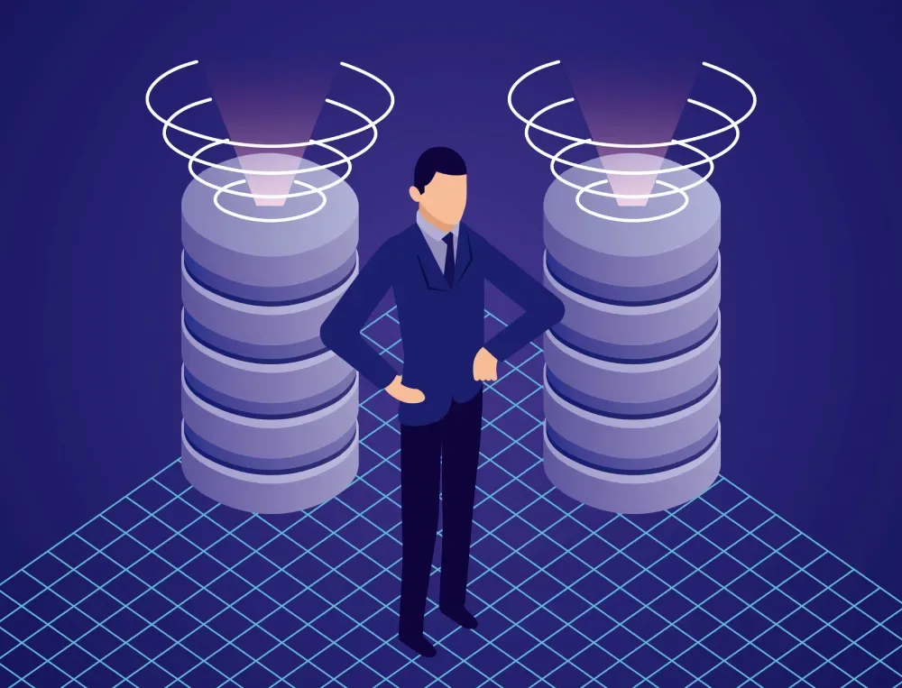 Illustration of a businessman standing between two glowing database server stacks, representing GiveTurn's Amazon DynamoDB development services