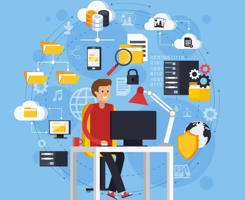 Illustration of a person working at a desk surrounded by cloud, folder, and server rack icons, representing GiveTurn's Apache Cassandra development services