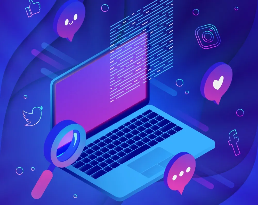 Illustration of a laptop with code on screen surrounded by social media icons in a neon blue-purple style, representing GiveTurn's CakePHP application development services