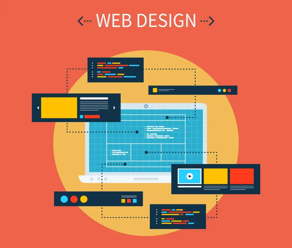 Illustration of a laptop displaying a colorful website layout under a web design banner, representing GiveTurn's classified website development services