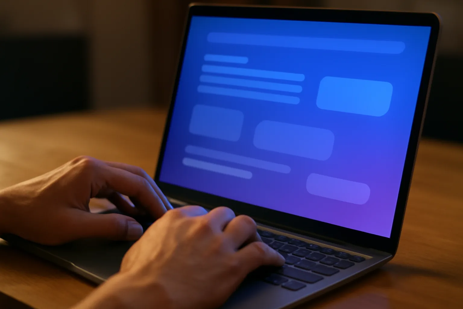 Photo of hands typing on a laptop showing a blue-to-violet tinted content management editor screen, representing GiveTurn's CMS development services