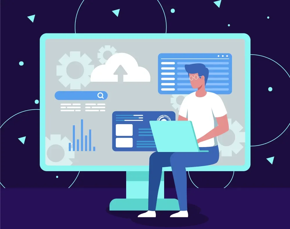 Illustration of a person working at a large computer screen with cloud, search, and dashboard icons, representing GiveTurn's CodeIgniter web development services