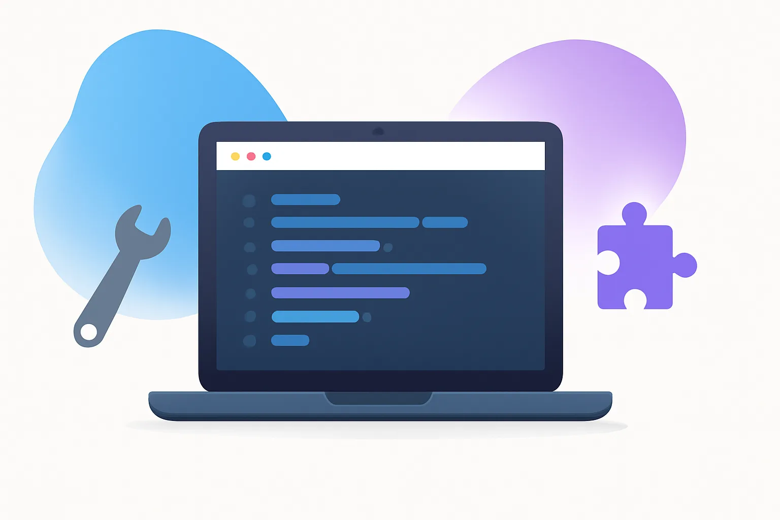 Illustration of a laptop code editor screen with a wrench and puzzle-piece icon beside it, representing GiveTurn's custom web application development services