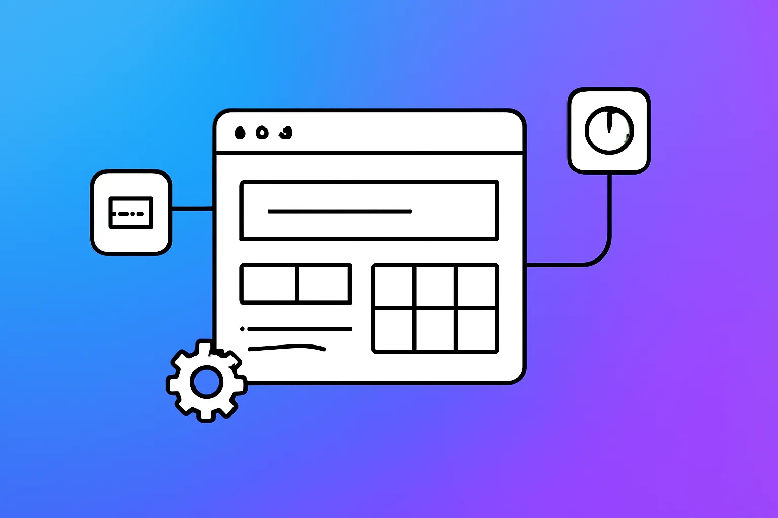 Illustration of a browser window dashboard connected to a module tile icon and a settings gear, representing GiveTurn's digital platform development services