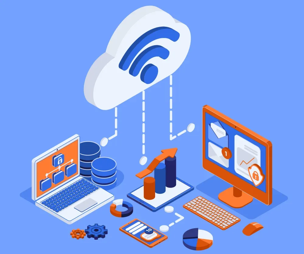 Illustration of a cloud with a WiFi icon connected to a laptop, tablet, and monitor displaying charts, representing GiveTurn's DigitalOcean development services