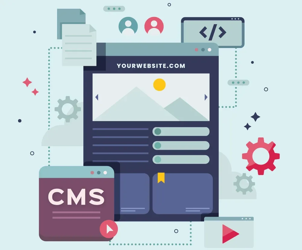Illustration of a website builder screen with a CMS panel and gear icons, representing GiveTurn's Drupal website development services