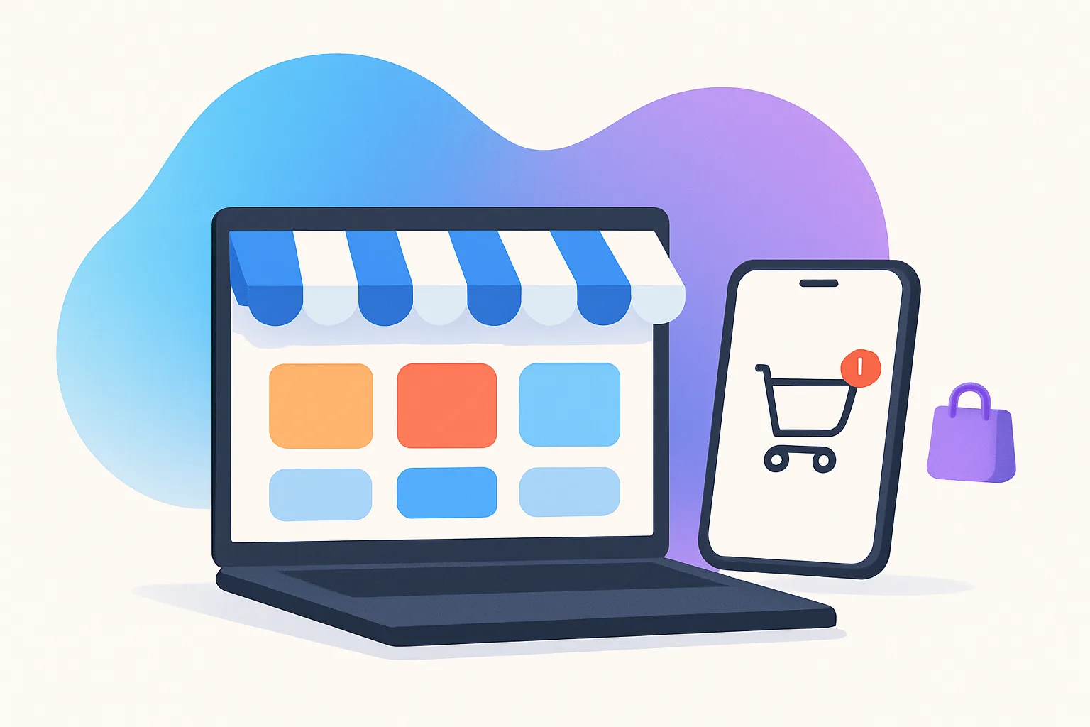 Laptop showing an online storefront product grid next to a smartphone with a shopping cart icon, representing GiveTurn's eCommerce web design and development services