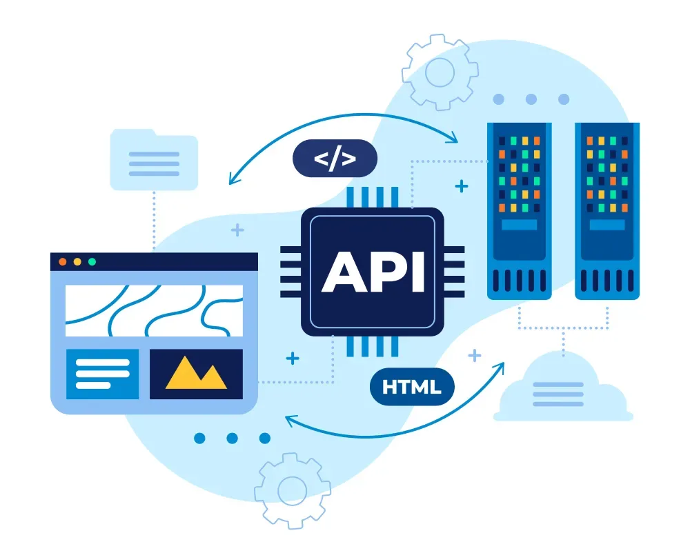 Illustration of an API chip connecting a webpage browser panel to server racks, representing GiveTurn's Elasticsearch development services