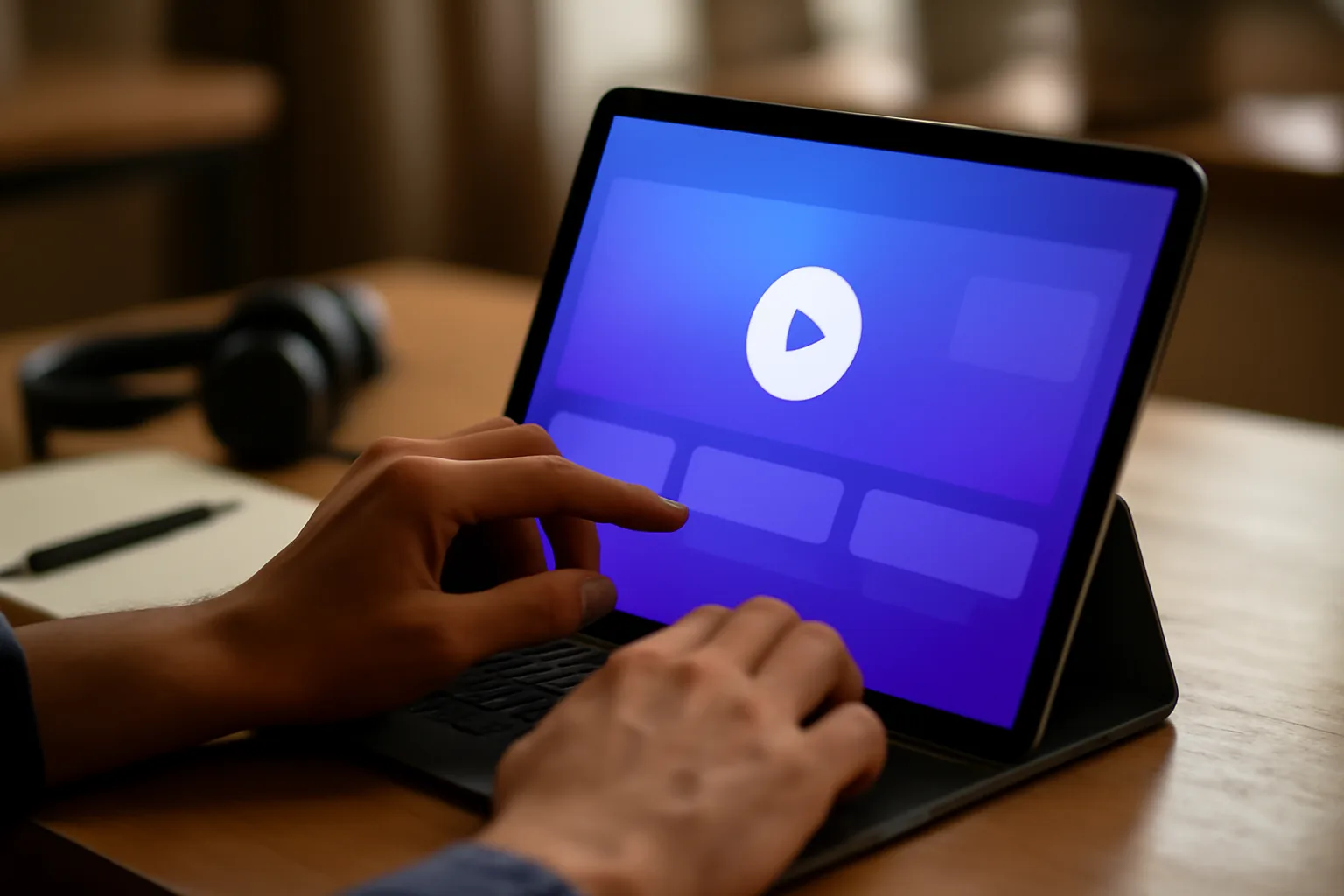 Photo of hands using a tablet showing an online course video-play screen with headphones and a notebook nearby, representing GiveTurn's e-Learning platform development services
