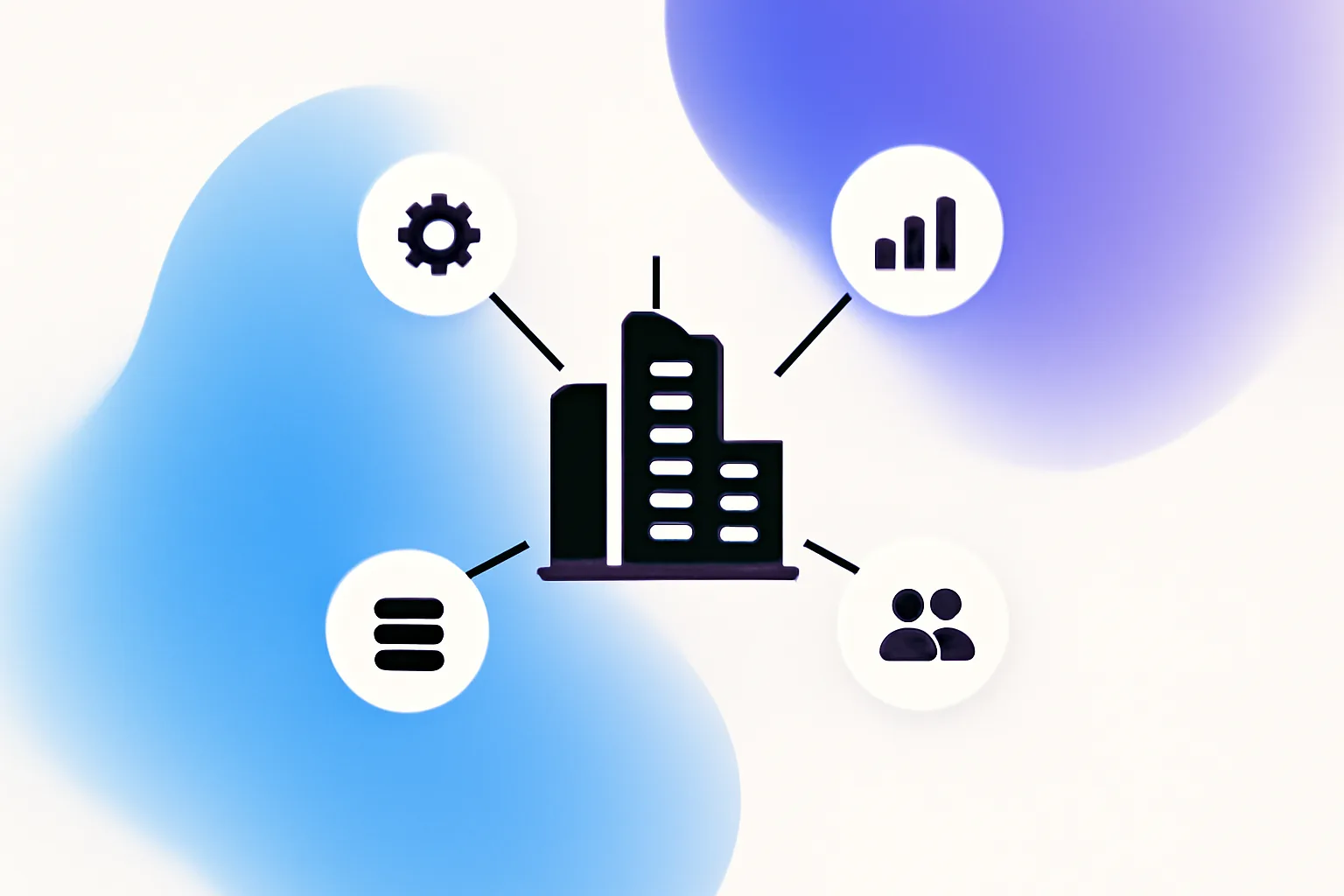 Illustration of an office building icon connected to gear, chart, database, and team icons, representing GiveTurn's enterprise web design and development services