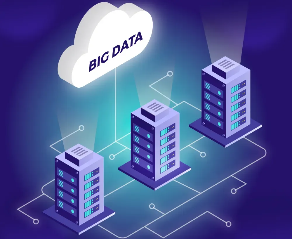 Isometric illustration of glowing server towers connected beneath a data cloud, representing GiveTurn's Google Cloud development services