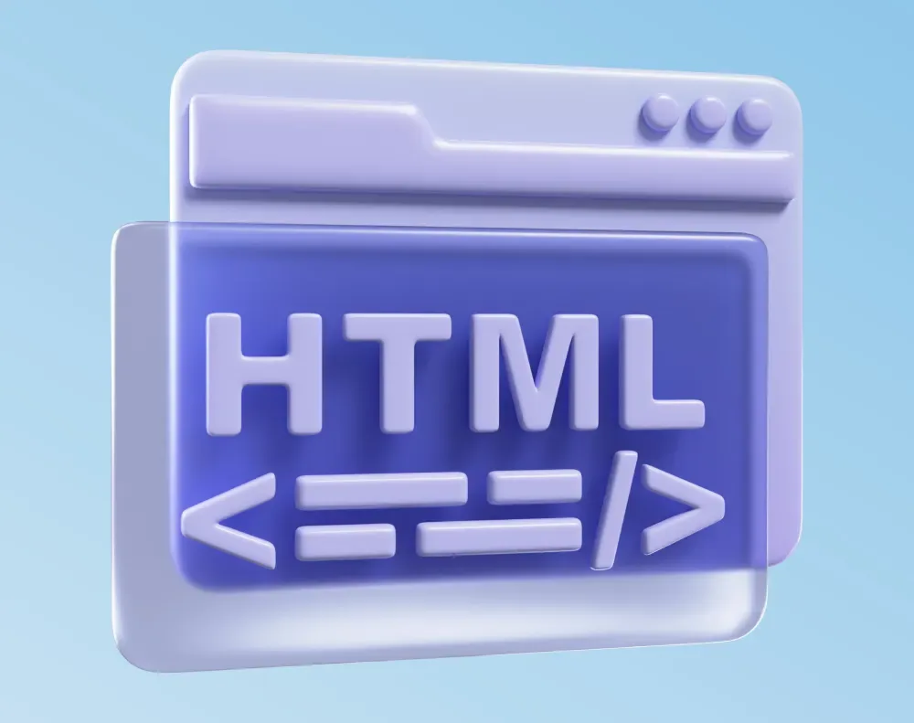 3D illustration of a browser window icon with HTML code tags, representing GiveTurn's HTML5 website design and development services