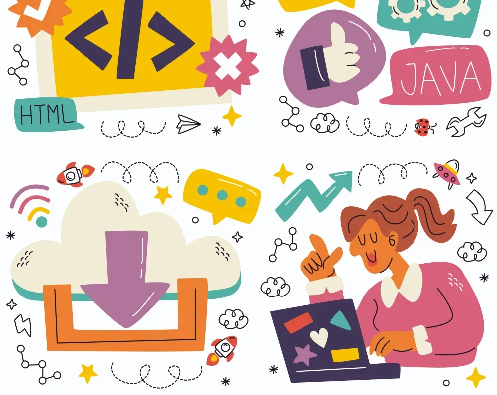 Illustration collage of coding, cloud, and web development icons, representing GiveTurn's Java web development services