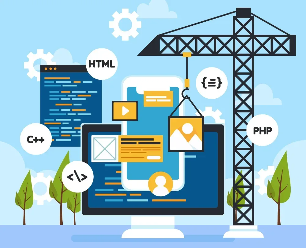 Illustration of a construction crane assembling a website on a phone screen with HTML and PHP badges, representing GiveTurn's Joomla web design and development services