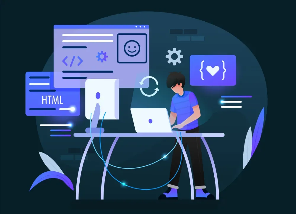 Illustration of a developer working at a laptop surrounded by floating code and UI panels, representing GiveTurn's landing page design services