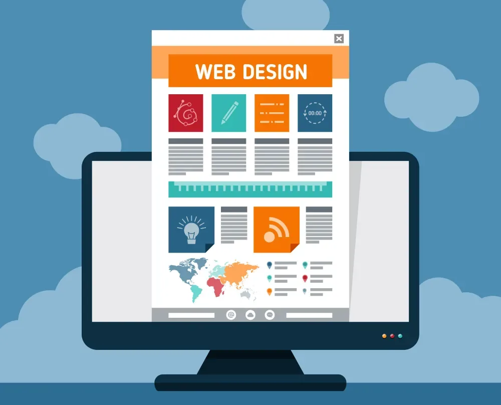 Illustration of a browser window beneath a rocket launch with a color palette and code icon, representing GiveTurn's Laravel website design and development services