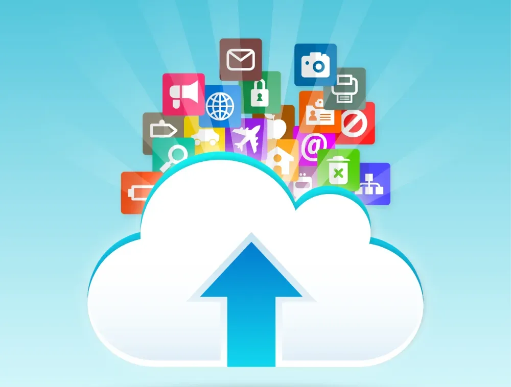 Illustration of a cloud icon with an upload arrow surrounded by colorful app icons, representing GiveTurn's Microsoft Azure development services