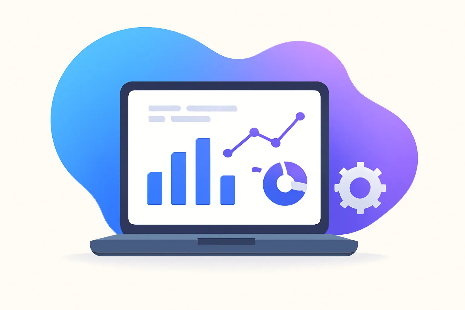 Illustration of a laptop displaying an abstract management dashboard with bar, line, and pie charts, representing GiveTurn's MIS development services