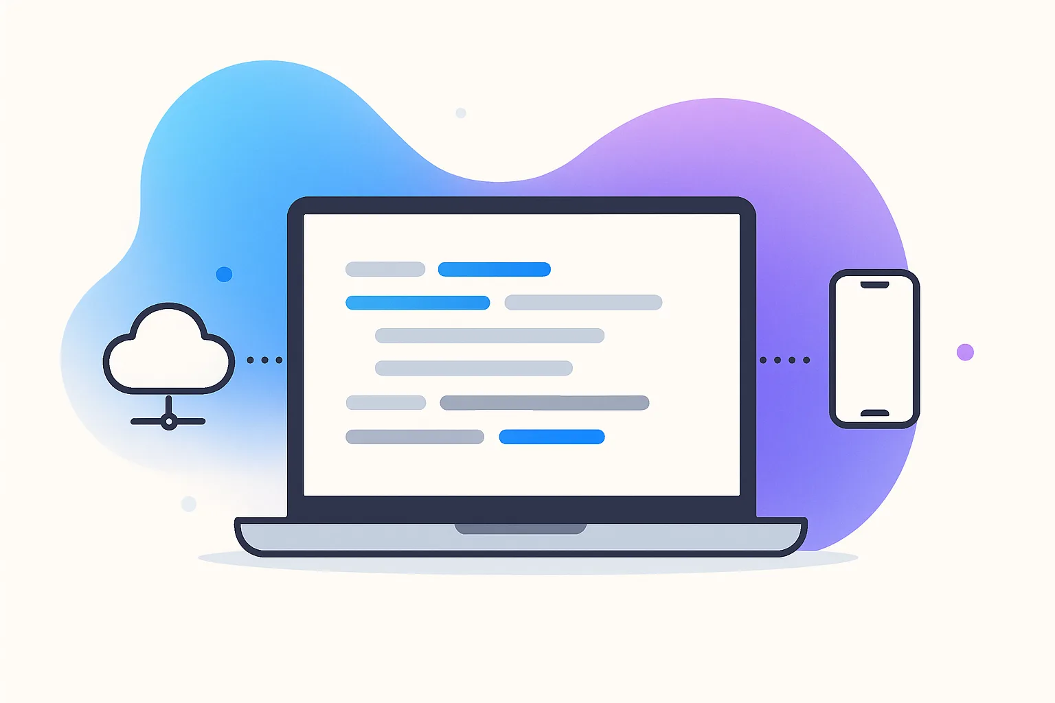 Laptop with abstract code on screen connected to a cloud server icon and a mobile phone icon, representing GiveTurn's mobile back-end and API development services