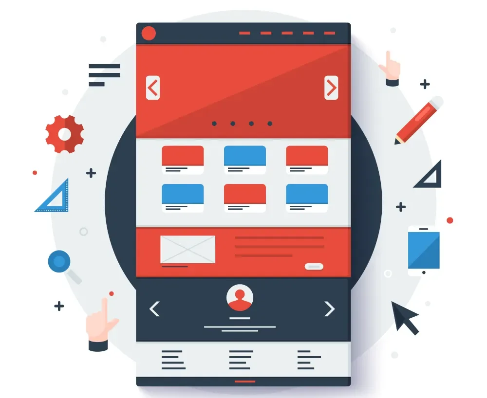 Illustration of a circular website layout mockup with content blocks, a ruler, and a pencil icon, representing GiveTurn's next-generation web development services
