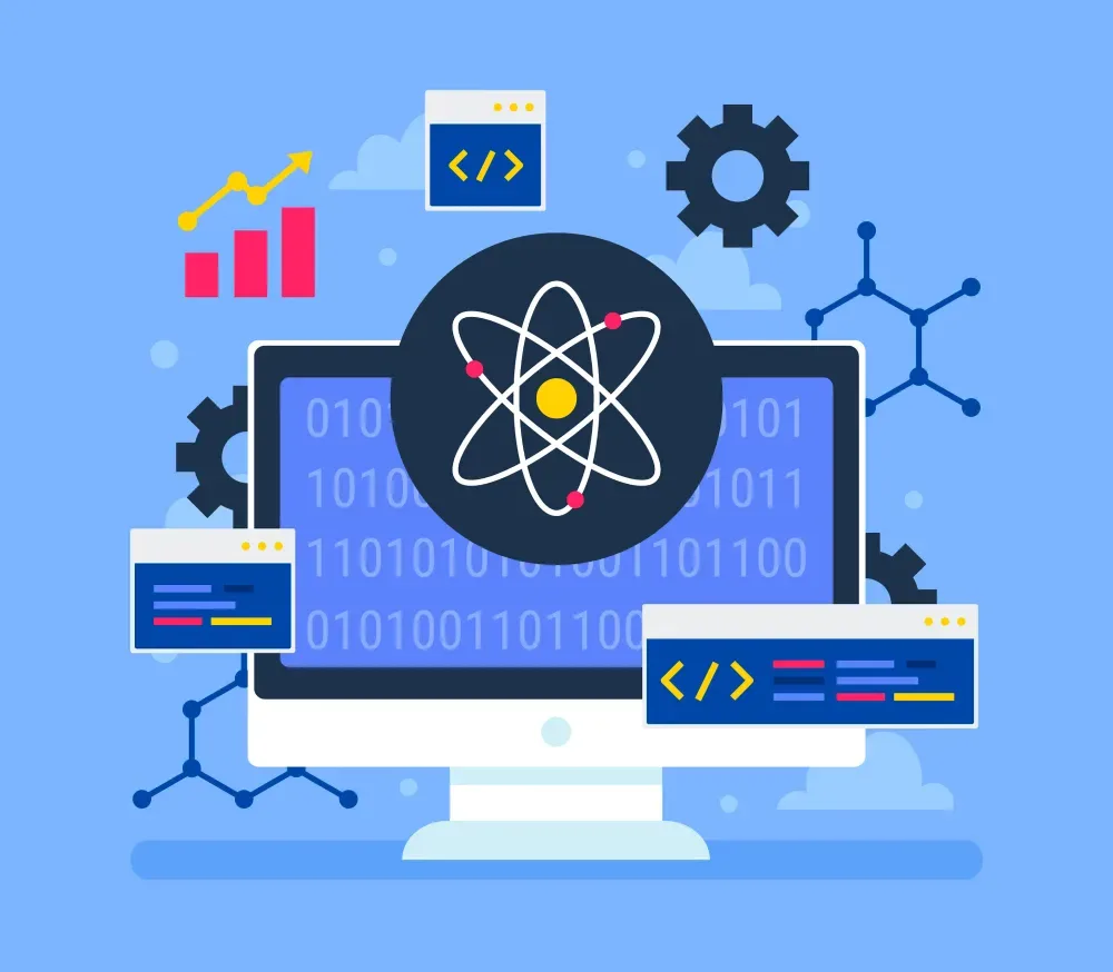 Illustration of a desktop monitor with an atom icon and binary code, representing GiveTurn's Node.js development services