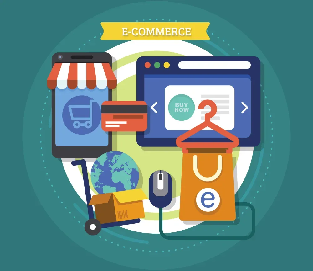 Illustration of eCommerce icons including a shopping cart, browser window, and delivery box, representing GiveTurn's nopCommerce development services