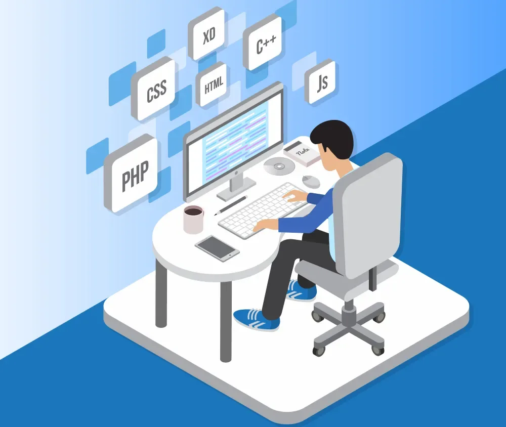 Isometric illustration of a developer's desk with a monitor and programming language badge icons, representing GiveTurn's offshore web development services