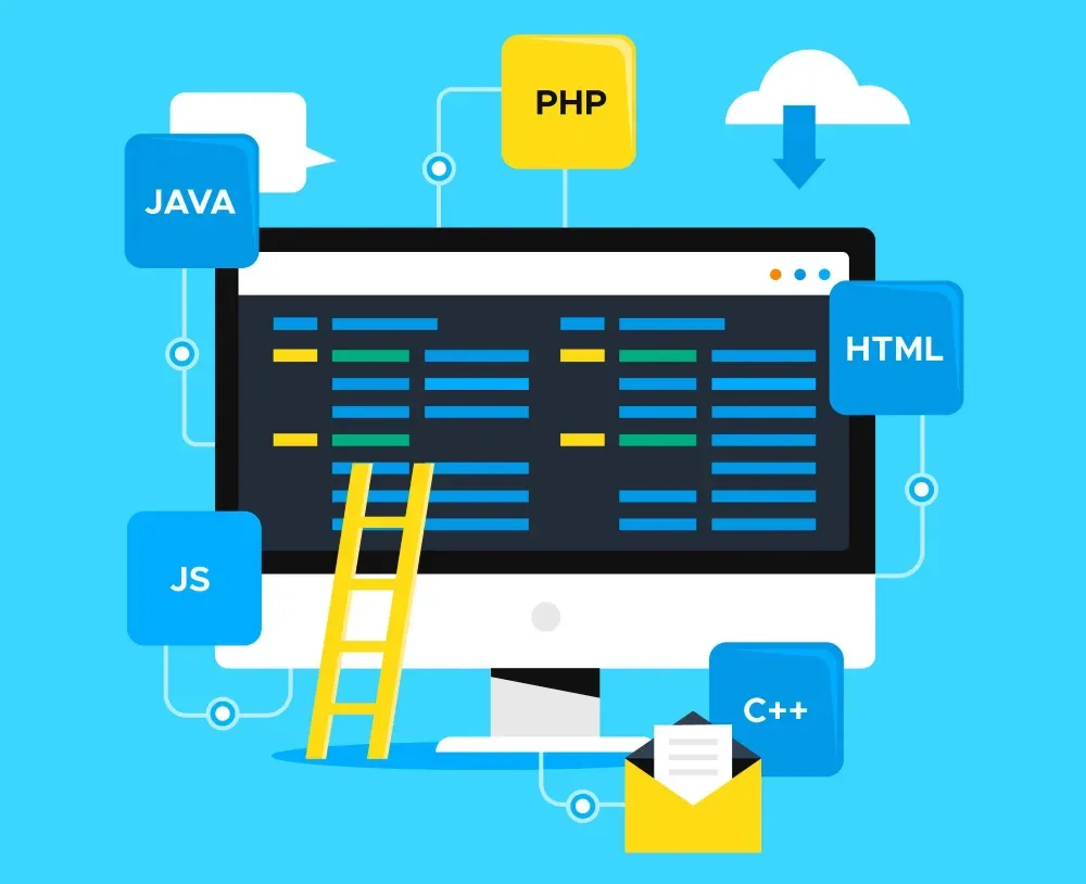 Illustration of a computer screen displaying code with a ladder and programming language badges, representing GiveTurn's PHP web development services