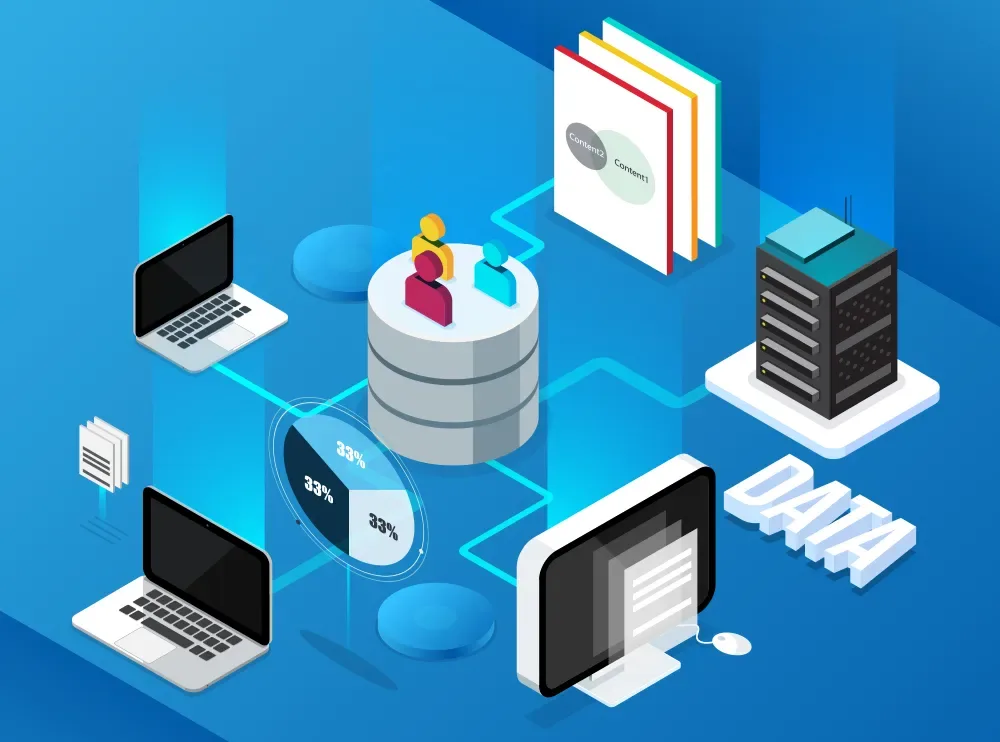 Isometric illustration of a database connected to laptops, a server rack, and a data chart, representing GiveTurn's PostgreSQL database management services