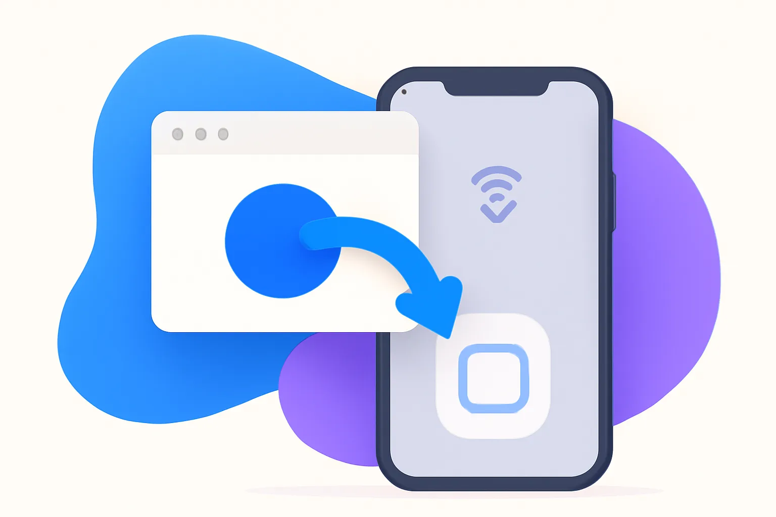 Illustration of a browser window icon pointing into an installable app icon on a smartphone screen, representing GiveTurn's Progressive Web App (PWA) development services