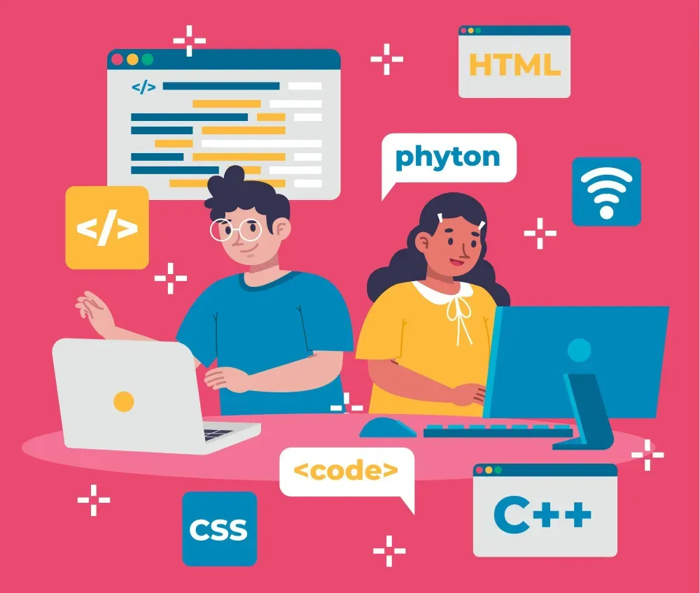 Illustration of two developers coding at laptops and a desktop surrounded by programming language badges, representing GiveTurn's Python web development services