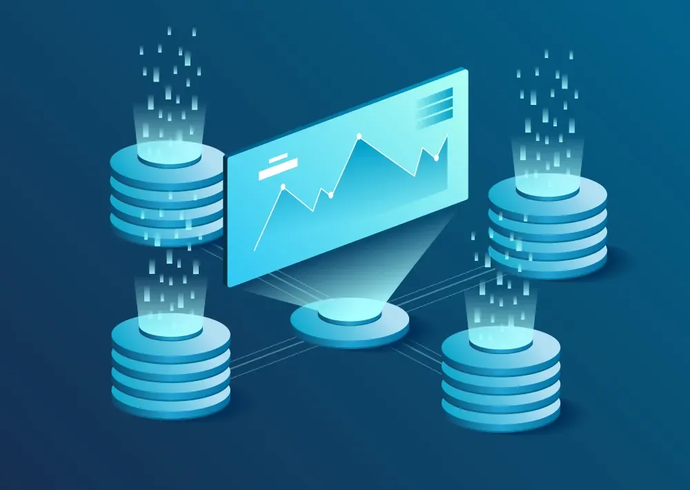 Illustration of a monitor showing a rising chart connected to four glowing database stacks, representing GiveTurn's Redis database development services