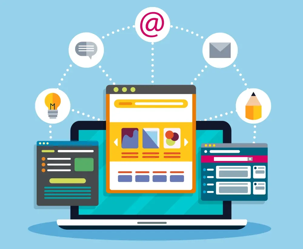 Illustration of a laptop, smartphone, and browser windows connected by icons, representing GiveTurn's responsive web design services