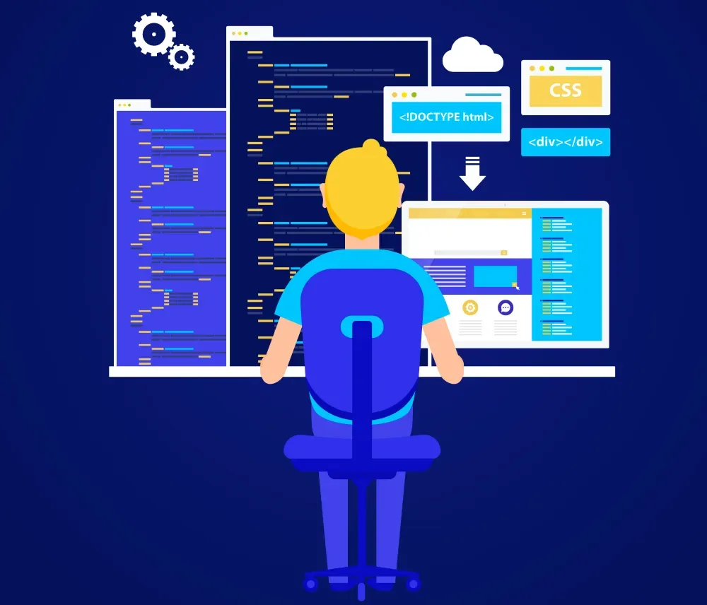 Illustration of a developer viewed from behind working across multiple code screens and a browser preview, representing GiveTurn's Ruby on Rails (RoR) web development services