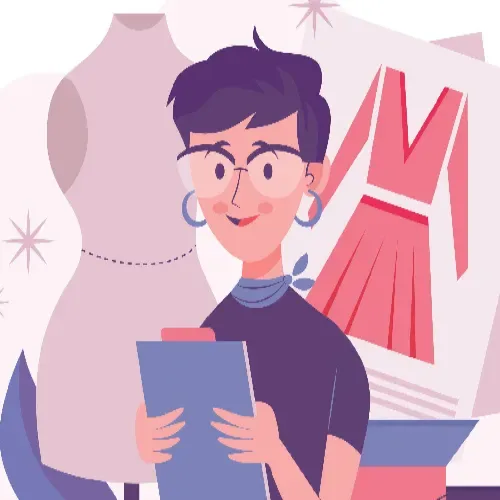 Illustration of a fashion designer sketching beside a dress form, representing GiveTurn's web development solutions for individuals and personal brands