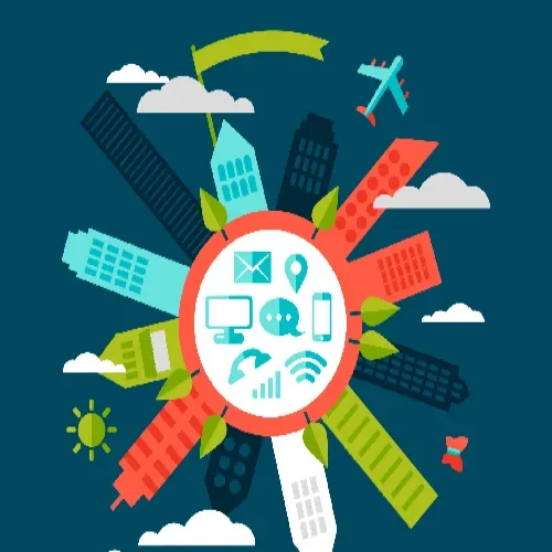 Illustration of city buildings and civic icons arranged in a circle, representing GiveTurn's public sector web development solutions