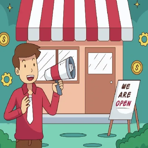 Illustration of a shopkeeper with a megaphone in front of a storefront with a 'We Are Open' sign, representing GiveTurn's web development solutions for small businesses
