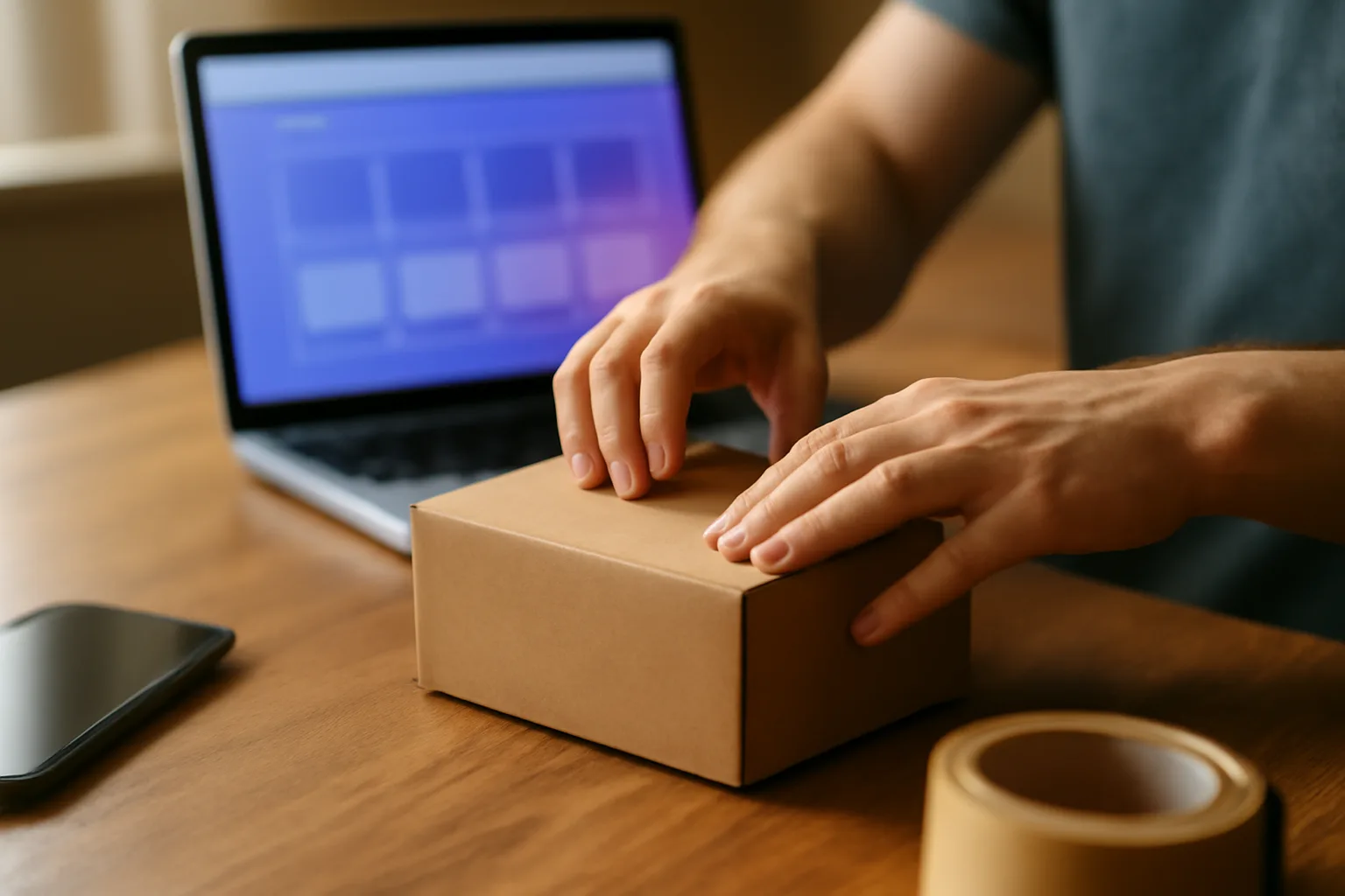 Photo of hands packing a shipping box beside a laptop showing an online store product grid, representing GiveTurn's Shopify app development services