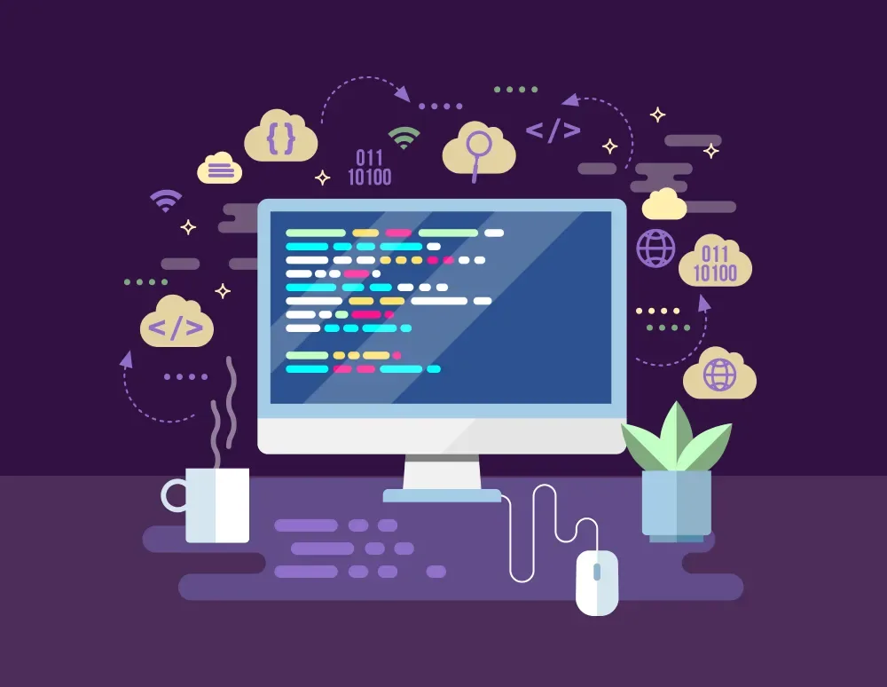 Illustration of a desktop monitor displaying colorful code, surrounded by cloud icons and a coffee mug, representing GiveTurn's TypeScript development services