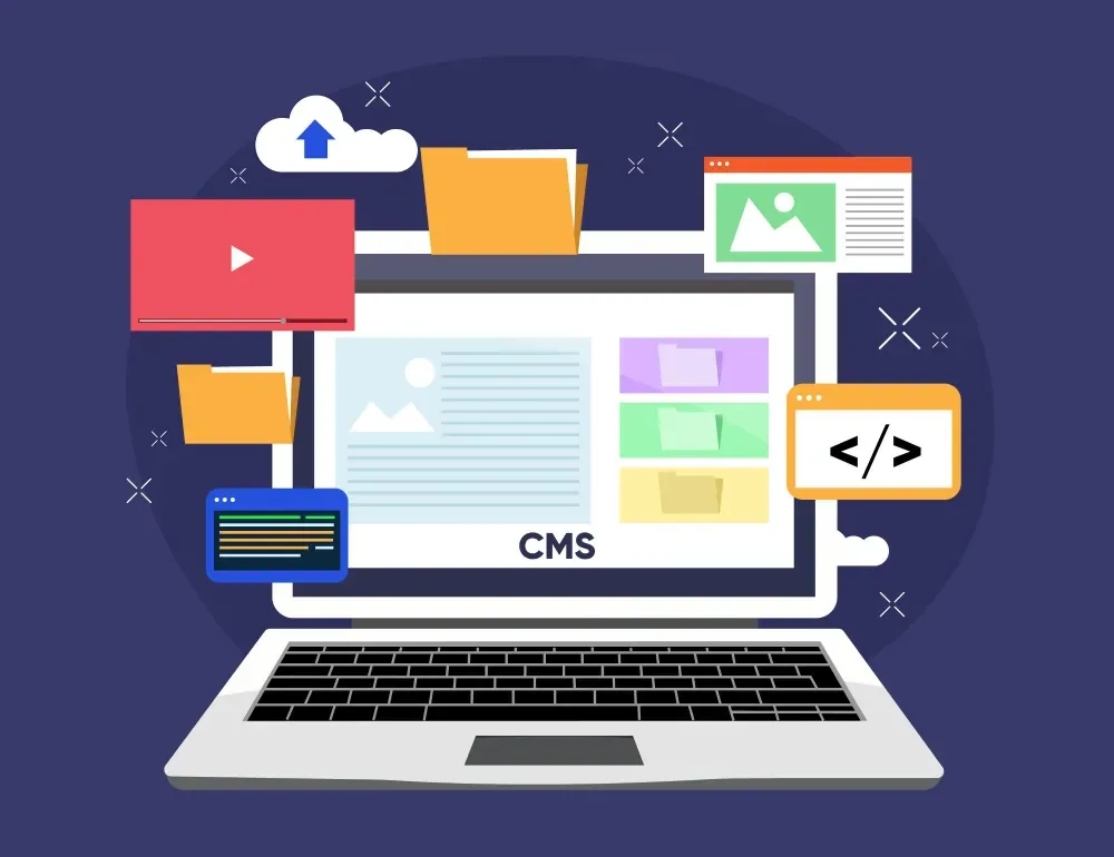 Illustration of a laptop displaying a CMS screen with folders and a code-brackets icon, representing GiveTurn's Umbraco website development services