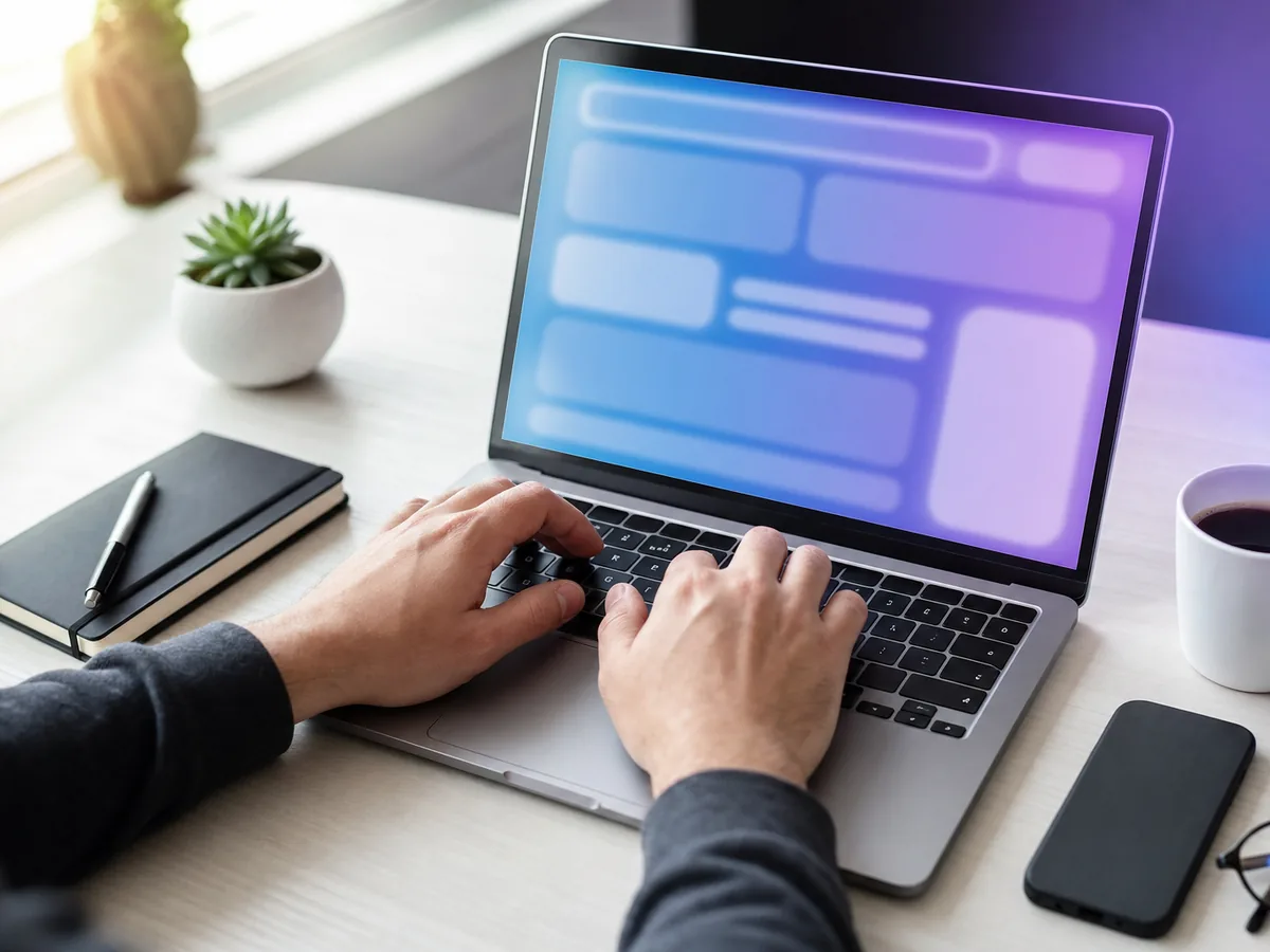Developer's hands typing on a laptop with a glowing blue-to-violet web interface on screen, representing GiveTurn's web design and development benefits