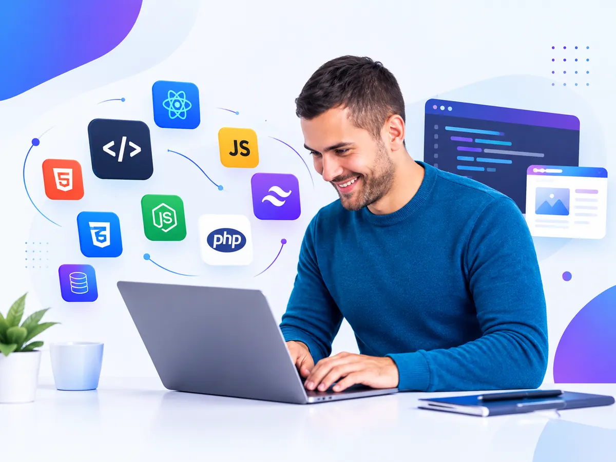 Web developer coding on a laptop surrounded by React, JavaScript, HTML5, Node.js, PHP, and Tailwind CSS icons — the core stack behind GiveTurn's web development services