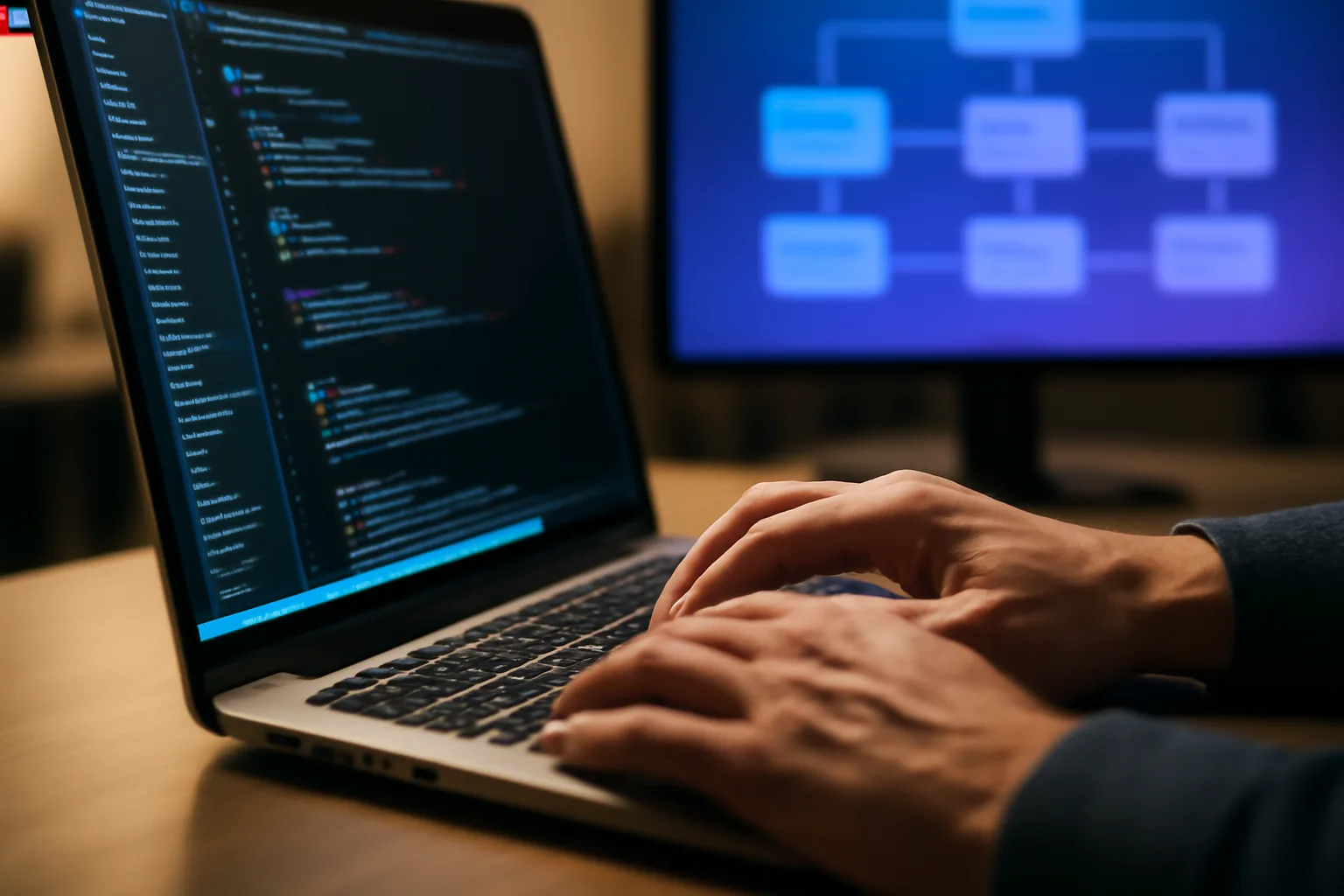 Photo of a developer typing on a laptop with a blurred system architecture diagram shown on a monitor behind it, representing GiveTurn's web system development services