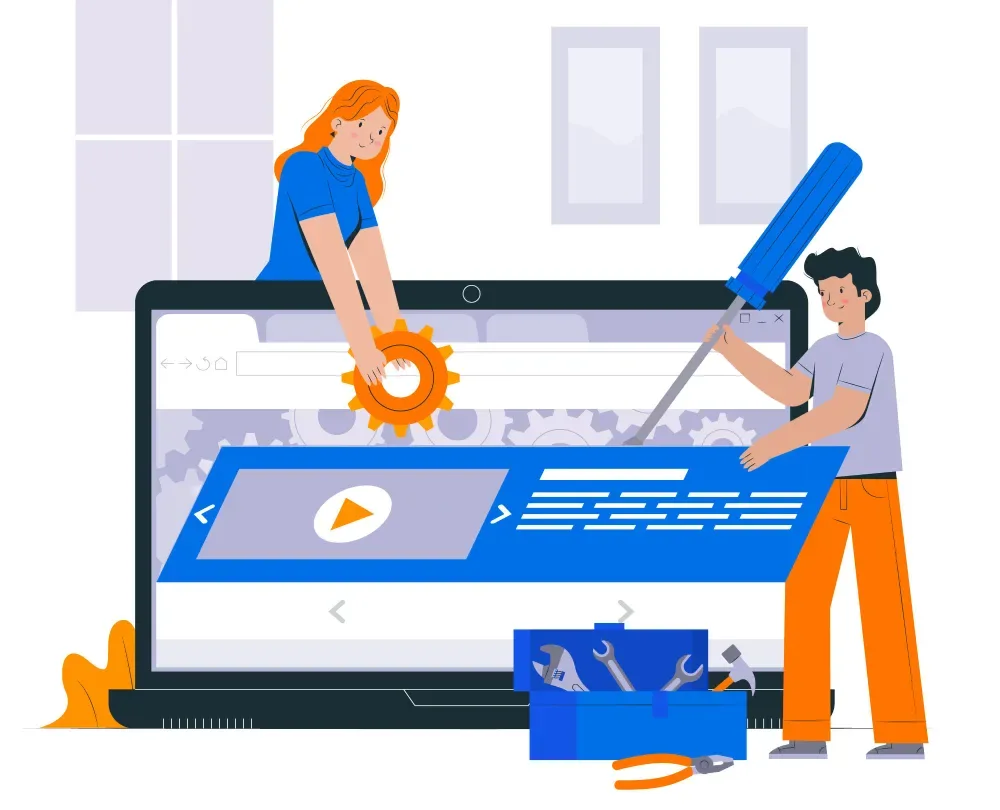 Illustration of two people repairing a browser window with a wrench and toolbox, representing GiveTurn's website maintenance and support services