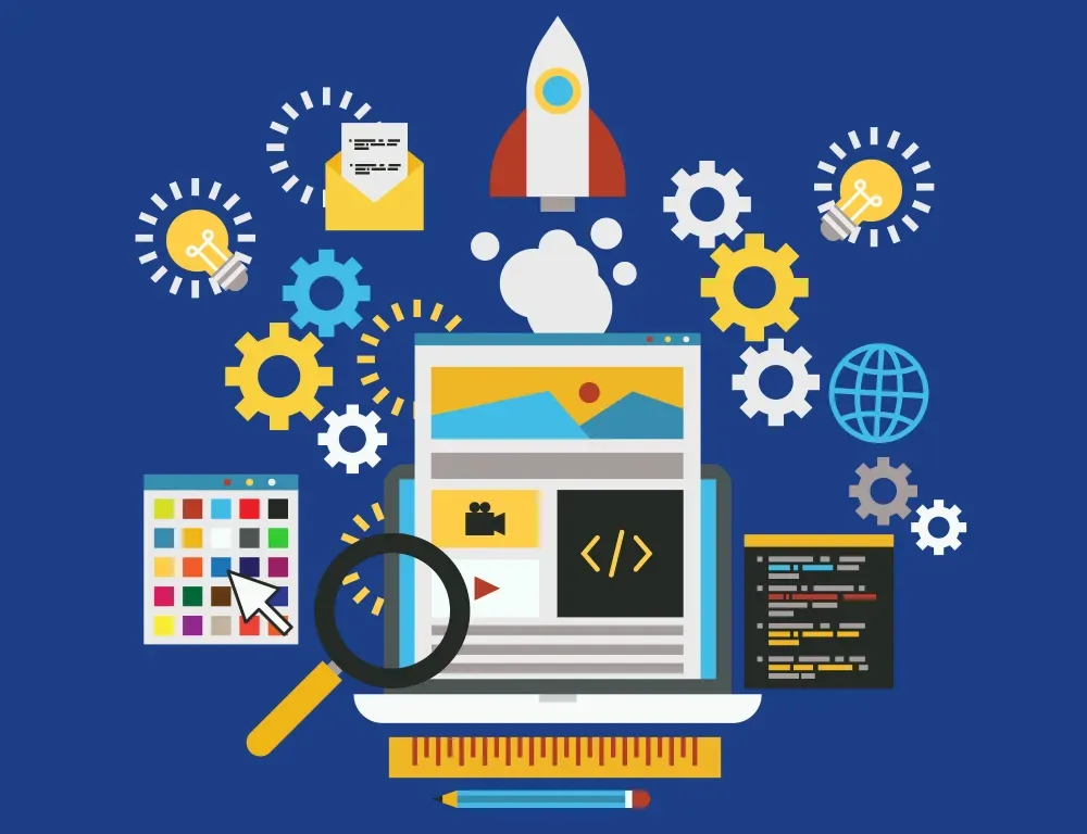 Illustration of a website layout mockup with a rocket launching above it and a magnifying glass and color palette nearby, representing GiveTurn's website redesign services