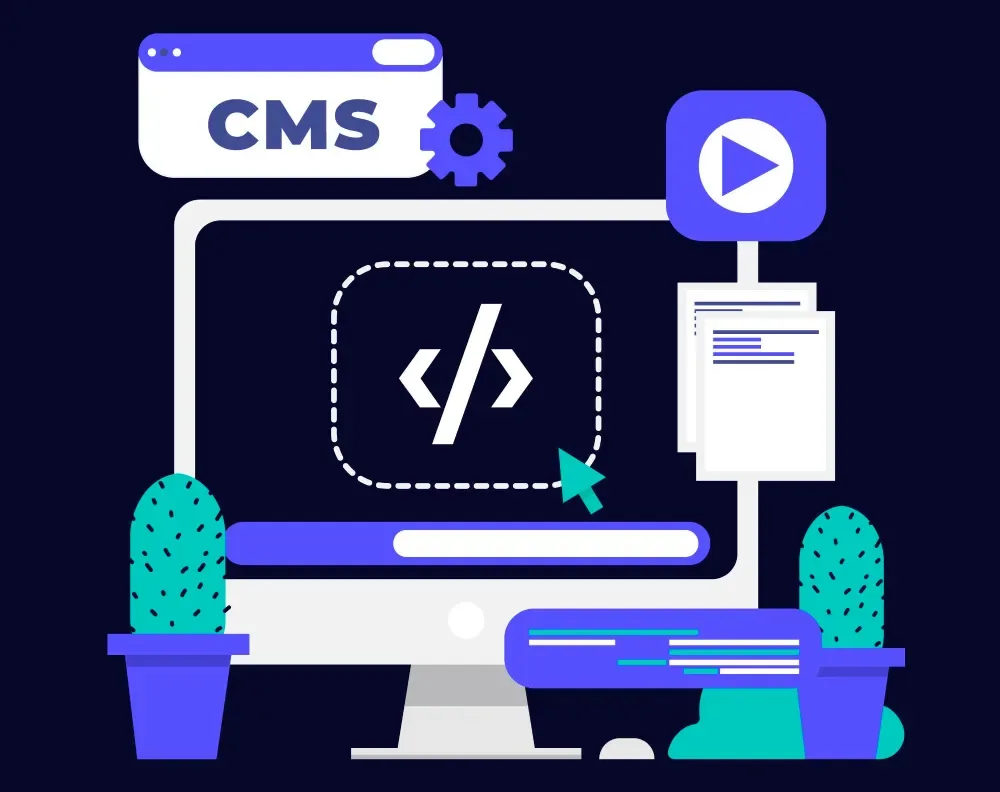 Illustration of a computer screen with a code-brackets icon and a CMS browser tab, representing GiveTurn's WordPress plugin development services
